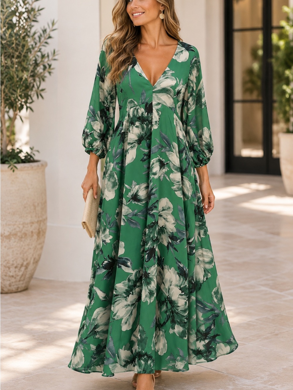 Green Floral V-Neck Long Sleeve Maxi Dress